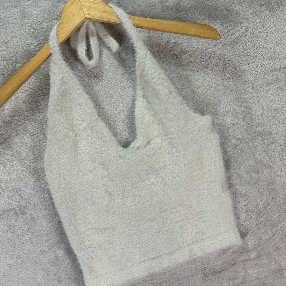 Gymshark Women's Whitney Simmons Fuzzy Knit Halter Top Ivory White Size M